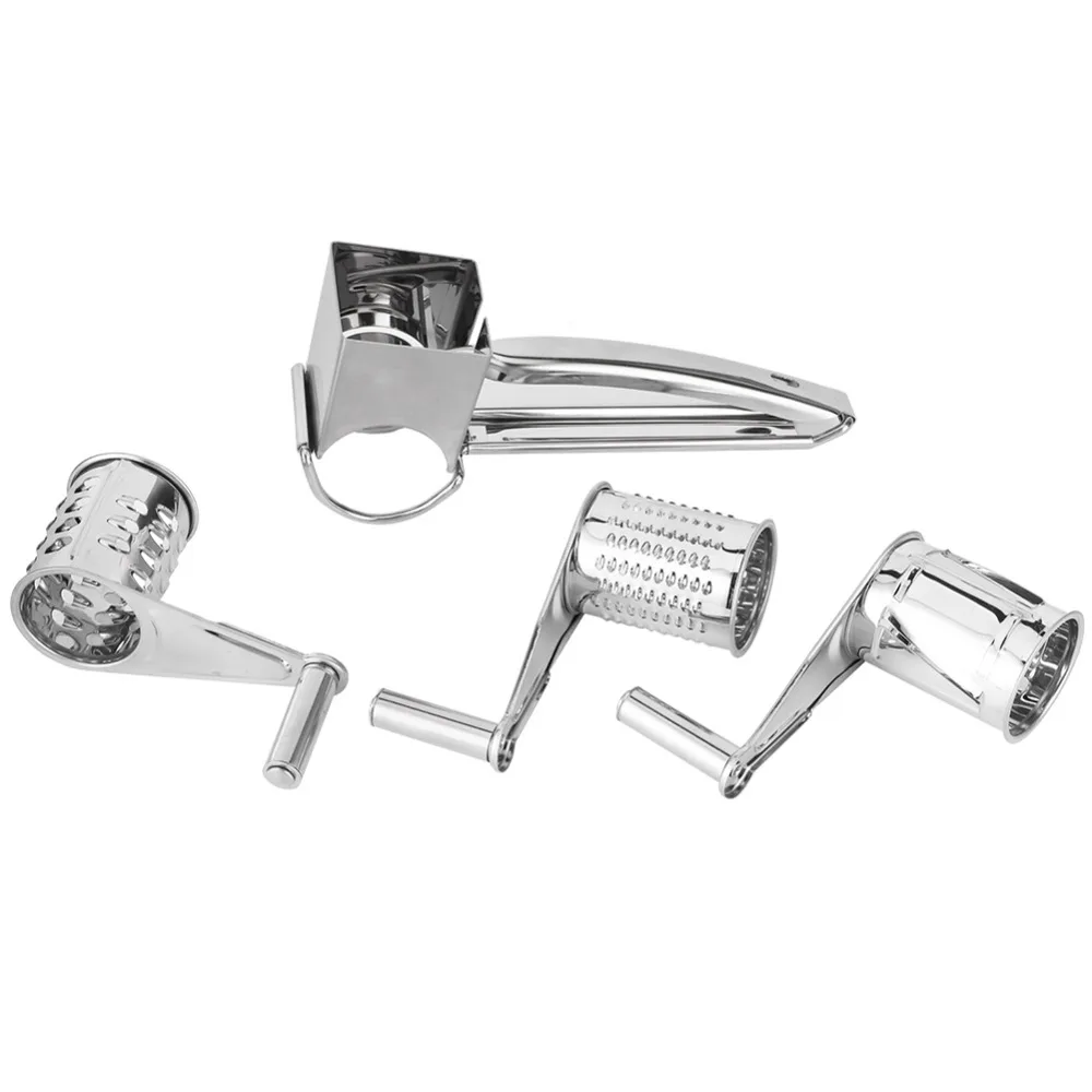 Stainless Steel Rotary Cheese Grater Rotatable 3 Interchanging Drum Blades Hand Crank Cheese Grater Easy Clean Silver