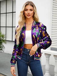Shiny Sequin Zip Up Jacket, Elegant Long Sleeve Baseball Collar Jacket For Party & Club, Women's Clothing