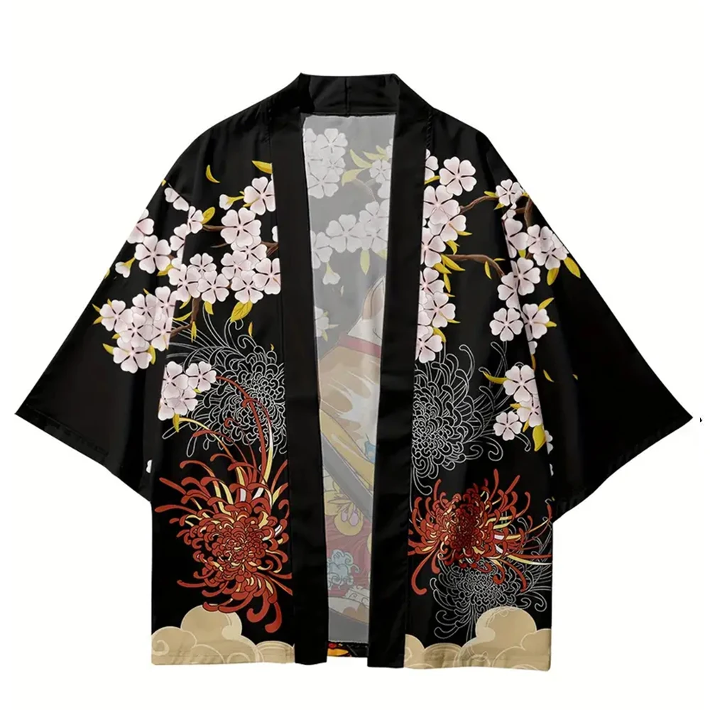 Men's 3D Cherry Blossom Chrysanthemum Print Kimono Cardigan Japanese Open Front Short Sleeve Beach Cover Up Tops for Adult Men