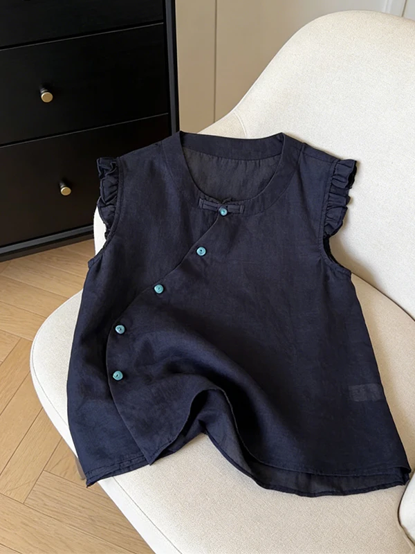 

Loose Fit Slimming Blue Chinese Style Vest Top Women's Summer New Arrival Fashionable Sleeveless Shirt plus Size Inner Wear