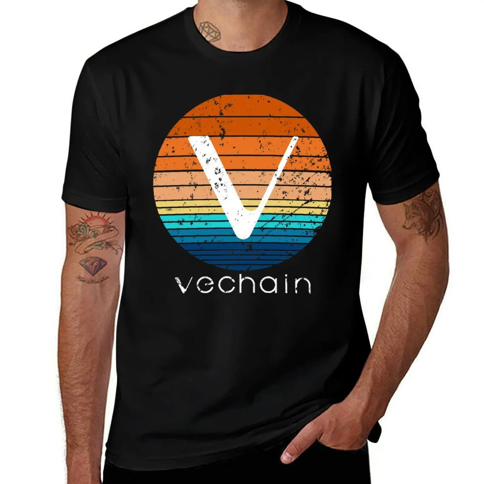 VeChain Cryptocurrency DeFi Crypto Vintage Sunset T-Shirt Dry Fit Athletic Short Sleeve Shirt T-Shirt