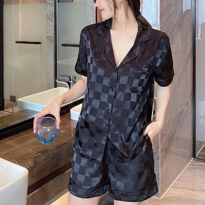 Pajamas Female Jacquard Lattice Ice Silk Short-Sleeved Shorts Suit Cardigan Lapel Solid-Color Girl Home Wear Women Sleepwear