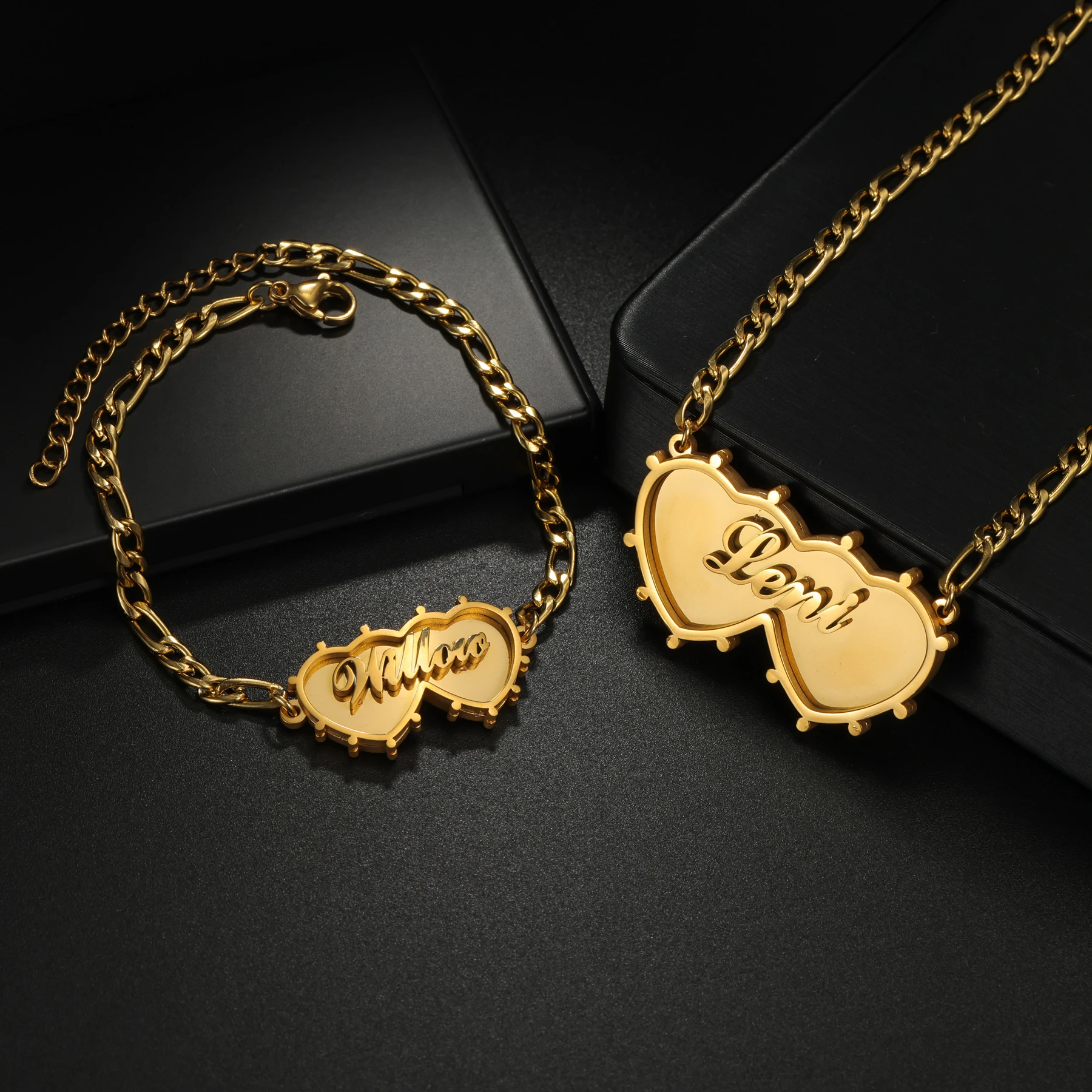 

Customized Double Heart Name Necklace Bracelet Jewelry Sets for Kid Women Stainless Steel Double Layer Weld Set Christmas Gift