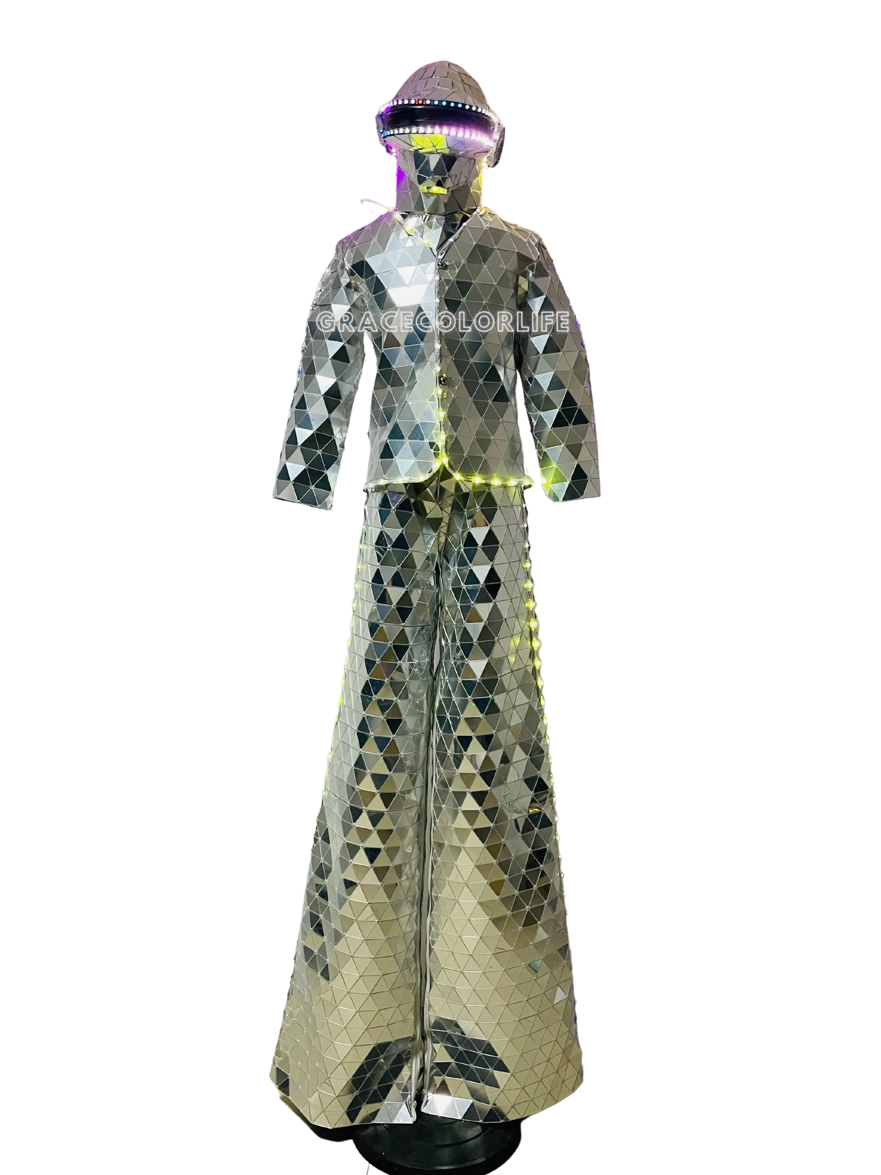 2023 Mirror Costumes Silver Man Show Suit Hand Sewn LED Stilts Walker Stage Performance Dress Dance Clothing for Party Nightclub