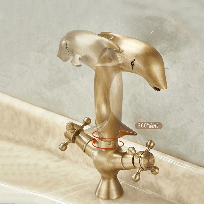 

European-style antique brass faucet, retro hot and cold art dolphin basin, bathroom washbasin, face wash basin faucet