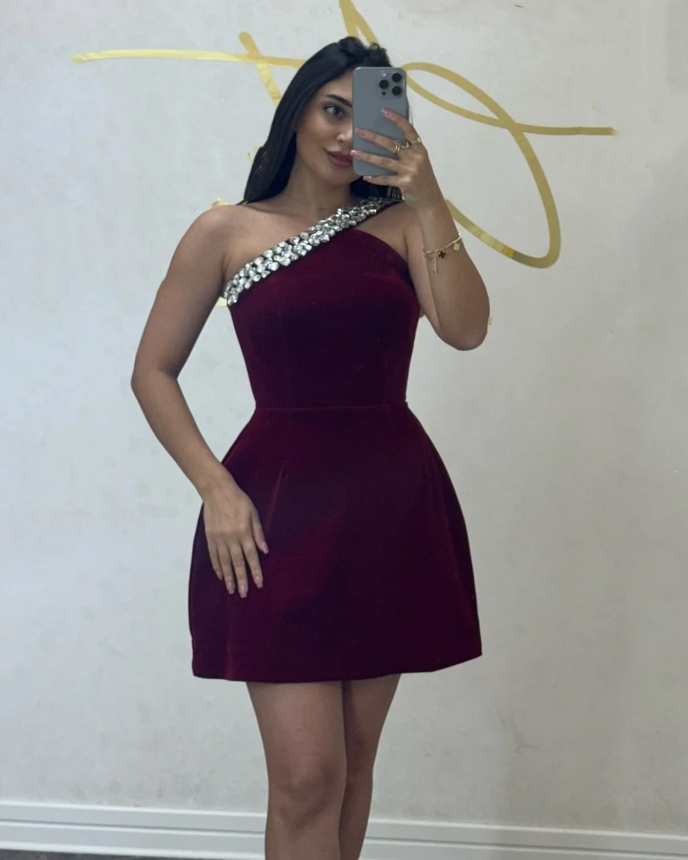 

Customized Matching Sexy Jersey Pleat Rhinestone A-line One-shoulder Short Dresses Evening Dresses Sizes Available High Quality