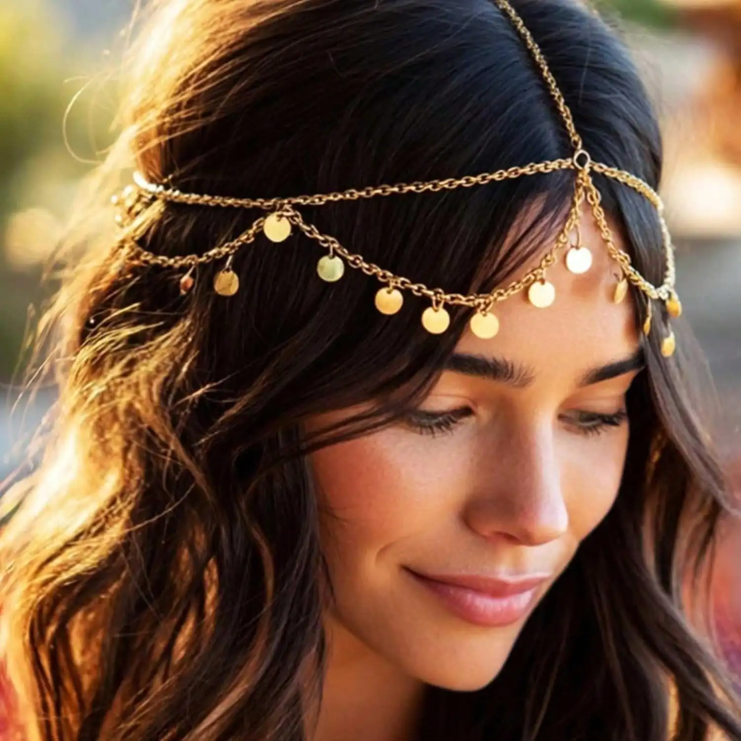 Boho Gold Multi-Layer Coin Tassel Head Chain Vintage Sequins Dangling Forehead Headpiece Women Festival Wedding Hair Jewelry