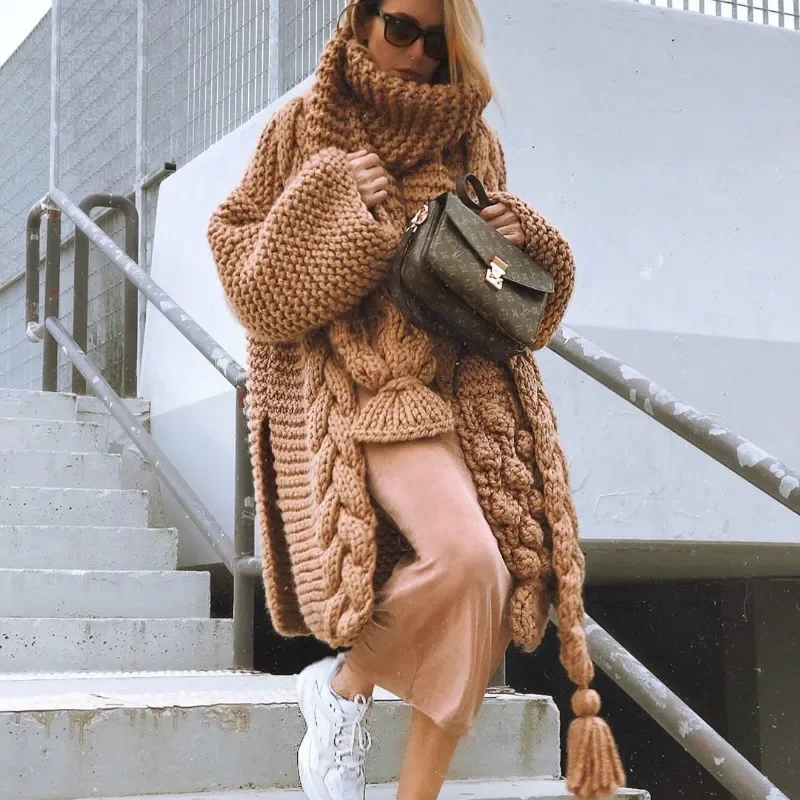 Hand-woven Split Wild Tassels Hook Twist Sweater Coat Crocheted Cardigan Autumn and Winter Thick Long Lantern Sleeve Crop Tops