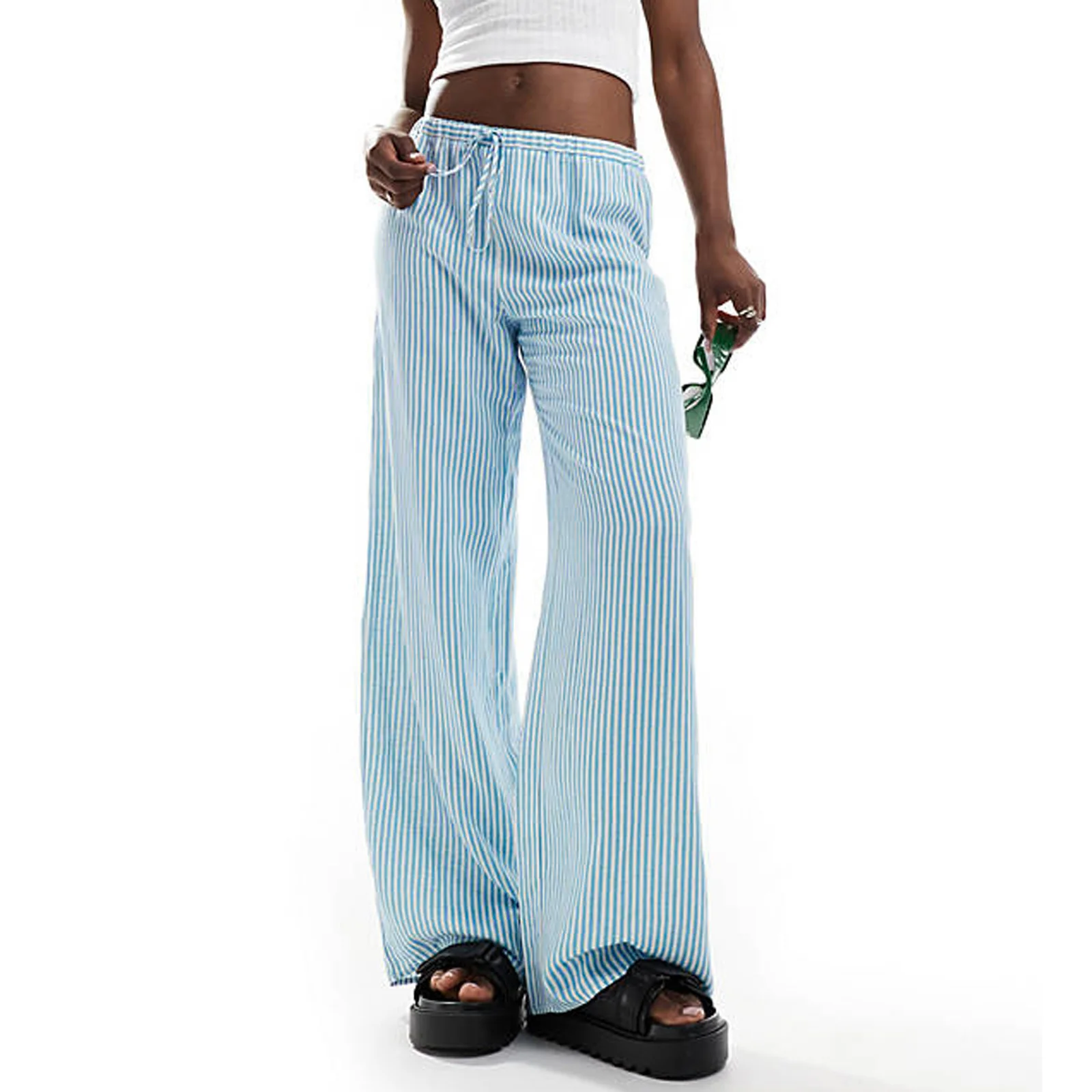 Y2K Women's Straight Wide Leg Pants Casual Elastic Waist Striped Print Pants Pull-on Trousers Street Wear