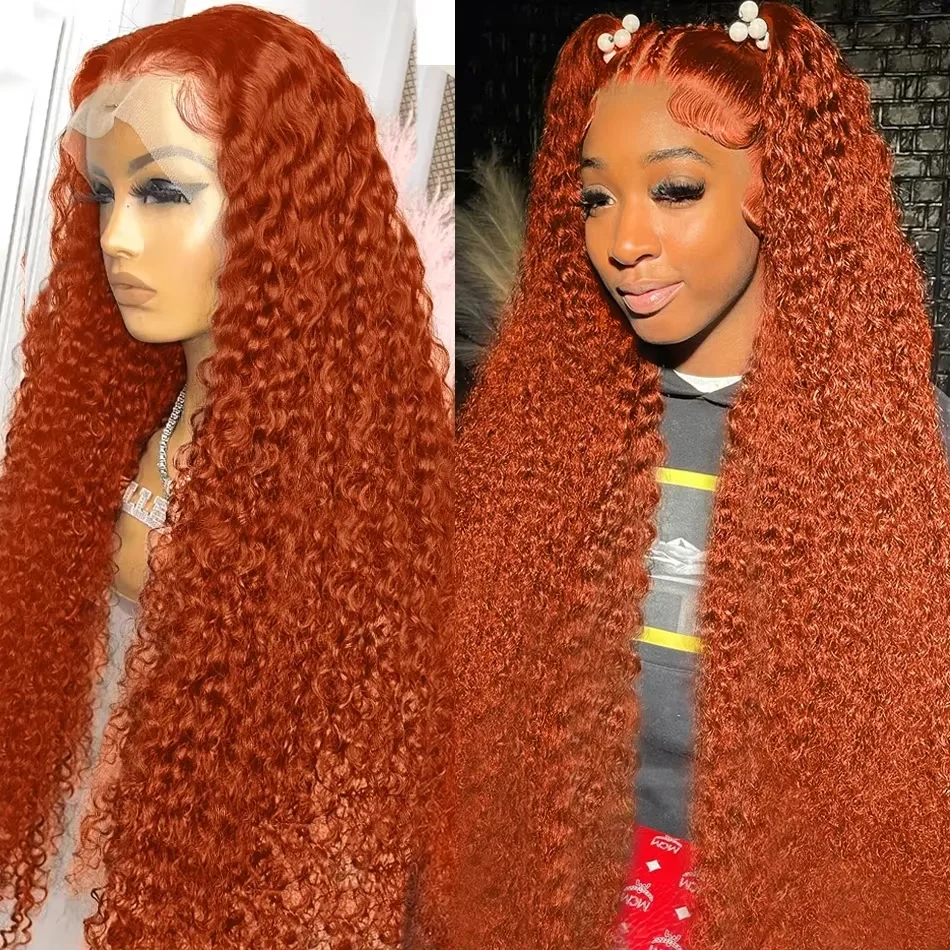 30 40 Inch Deep Wave Human Hair 13×4 Lace Frontal Wigs For Women Orange Ginger Transparent Water Curly HD Lace Front Wigs