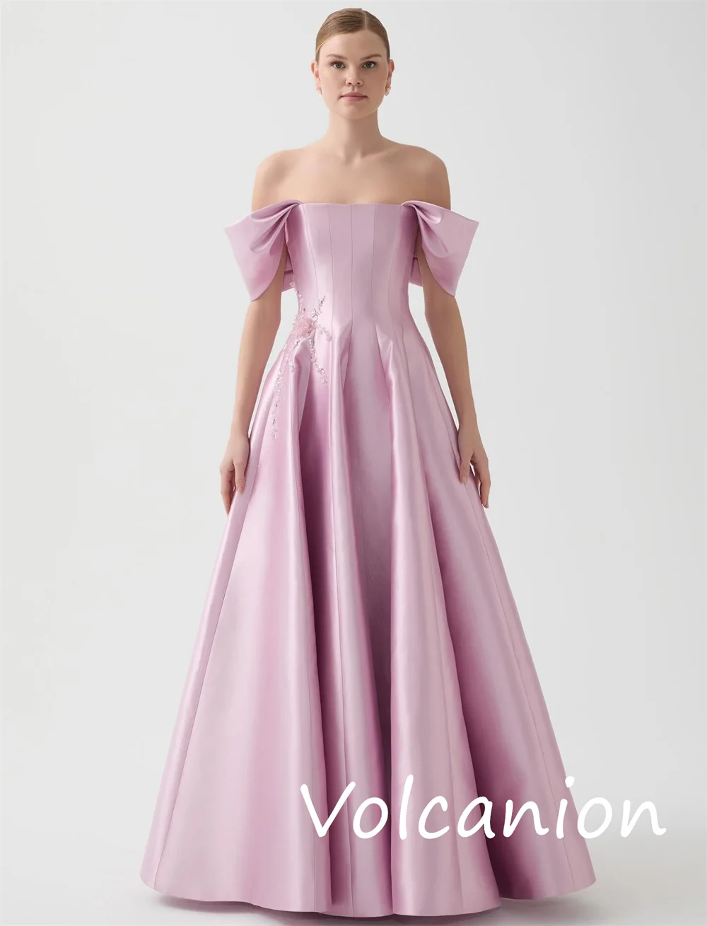 Customized Sparkle Pastrol Charmeuse Pleat A-line Off-the-shoulder Long Dresses Bespoke Occasion Casual