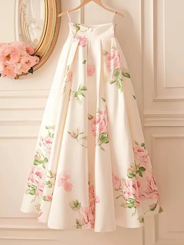 2025 Fashion New Flower Print White Skirts Vintage High Waist A-line Skirt For Women Mid-length Loose Faldas Mujer