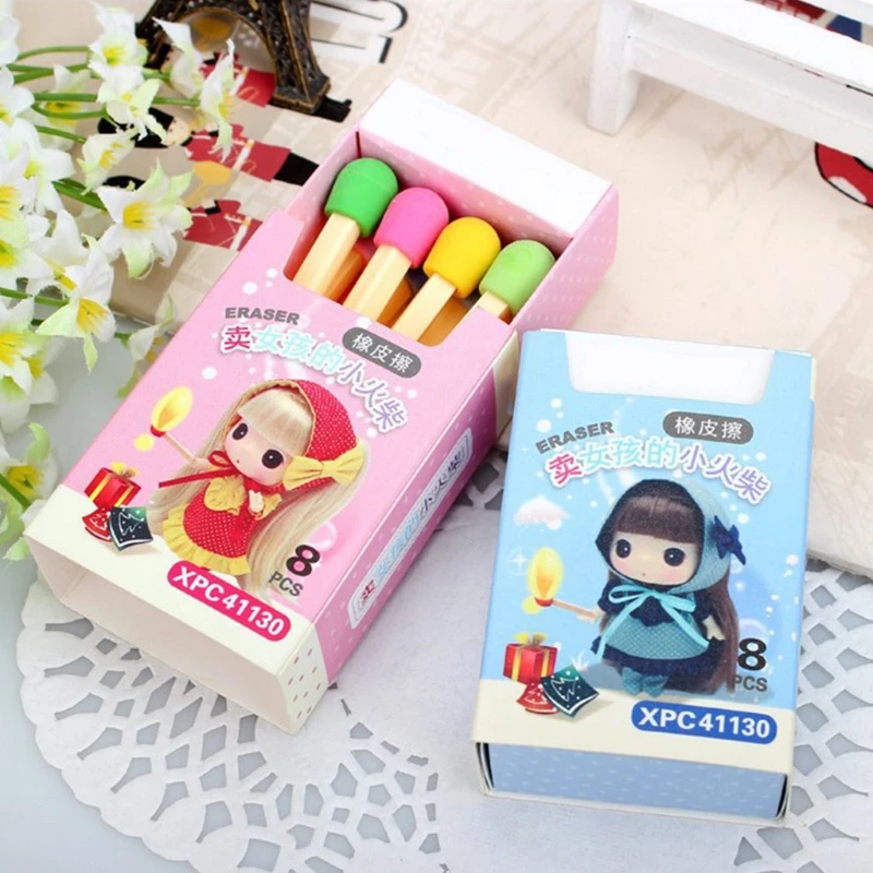 8Pcs Creactive Matchstick Eraser Colorful Pencil Rubber School Office Stationery
