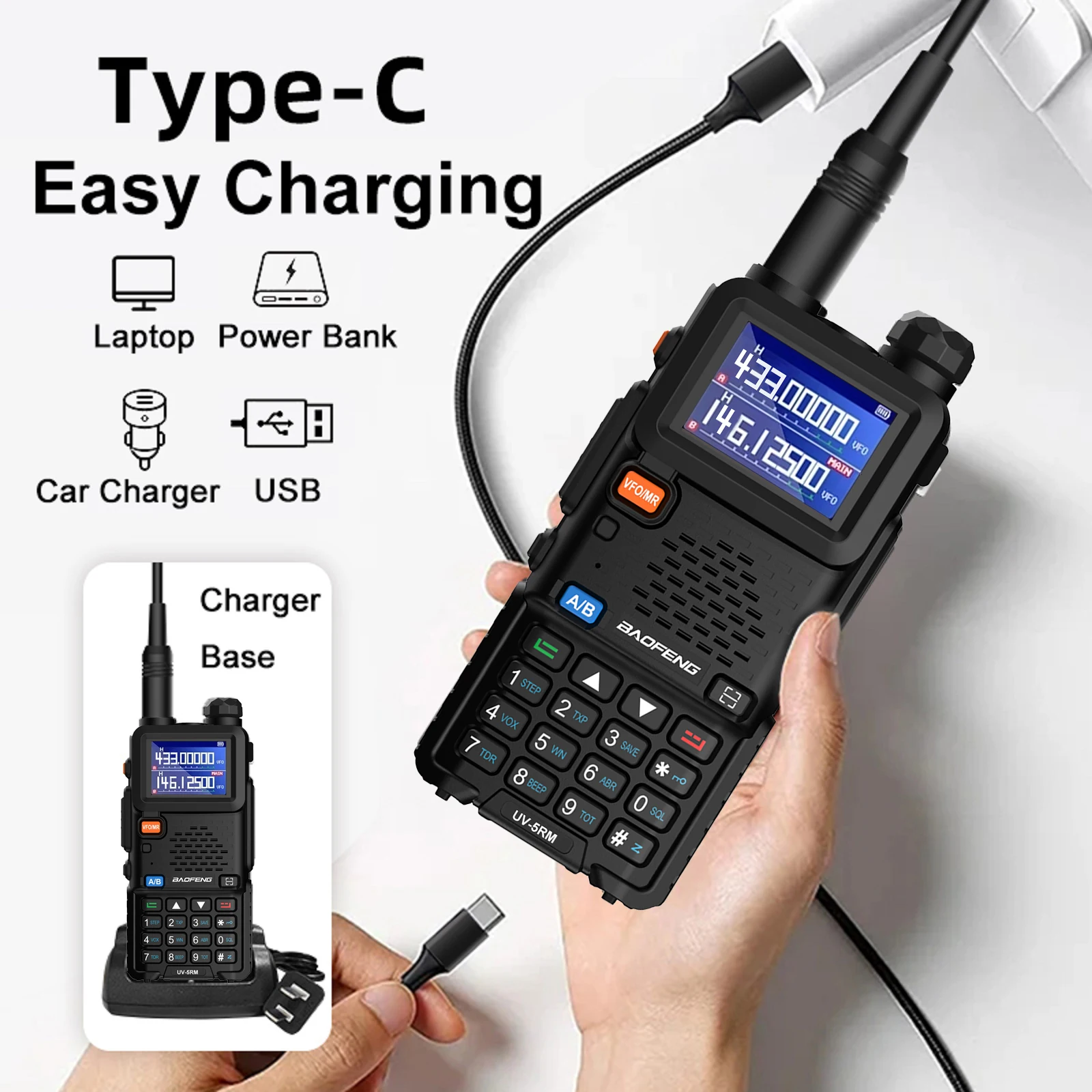 Baofeng UV-5RM 무선 복사 주파수 워키토키, 999CH C타입 충전 업그레이드, UV5R CB 트랜시버 햄, 양방향 햄 라디오, 14.5W