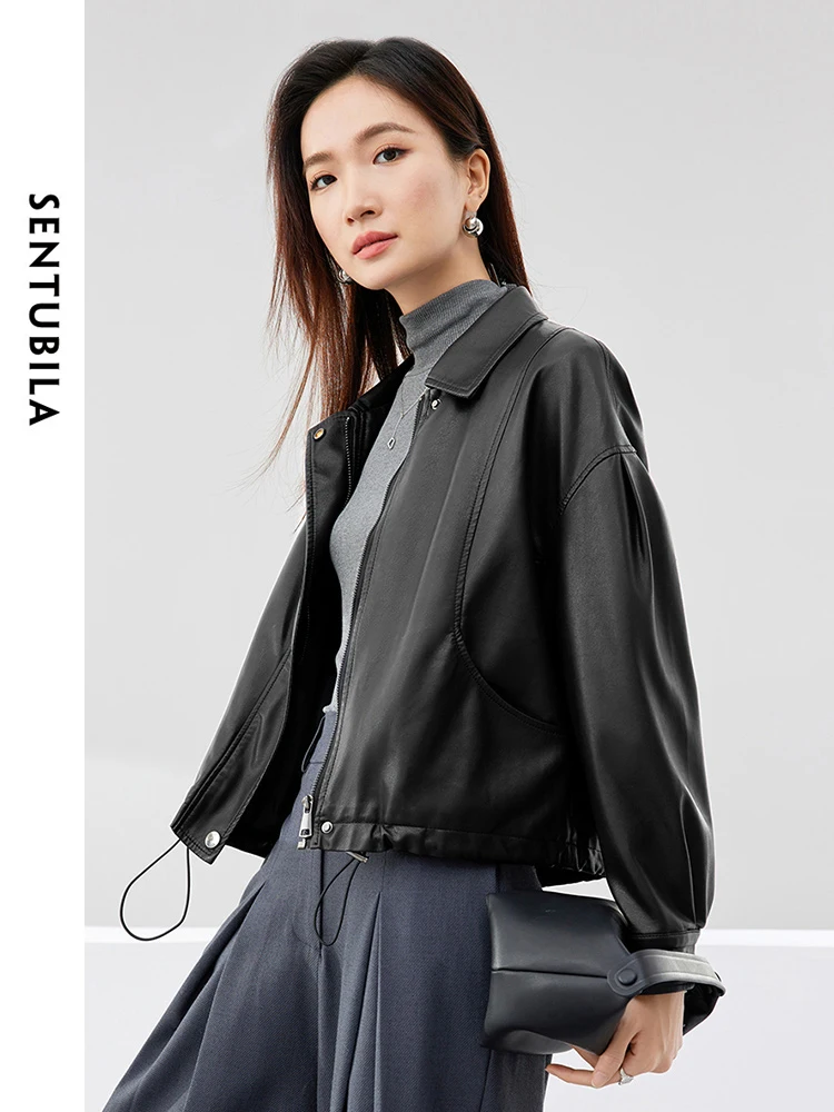 SENTUBILA Pu Leather Cropped Bomber Jacket Women Female Short Outerwear 2024 Spring Coffee Lapel Full-zip Solid Jackets W41G527