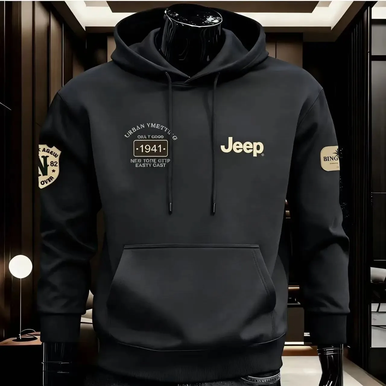 

JEEP Spring and Autumn Hoodie Trendy Brand Hoodie Men's Plush Thick Printed Versatile Long Sleeve Hoodie Casual Top