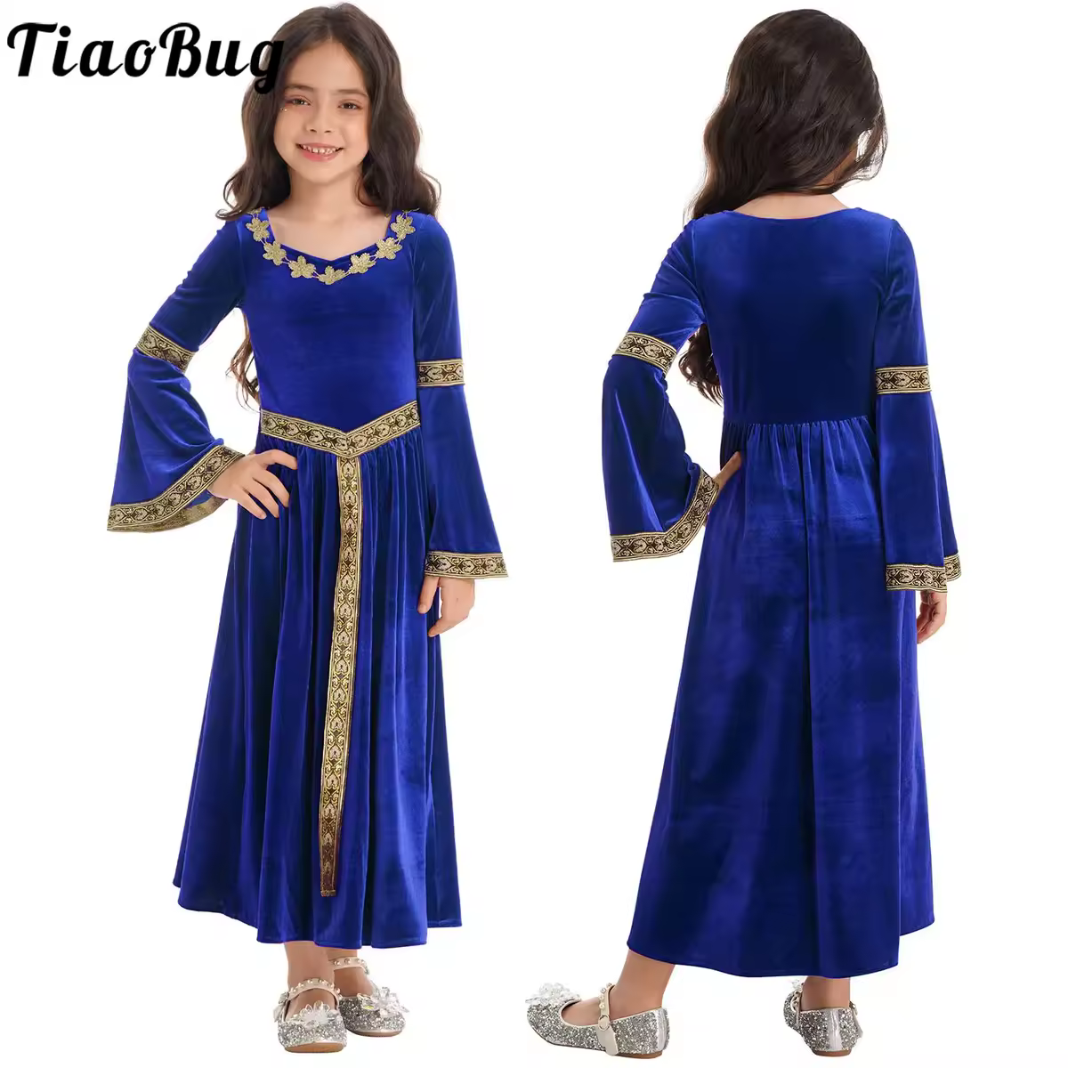 Vestido Medieval renacentista para niñas, disfraces de princesa Vintage de manga larga acampanada de terciopelo para Halloween, vestido de fiesta de Carnaval