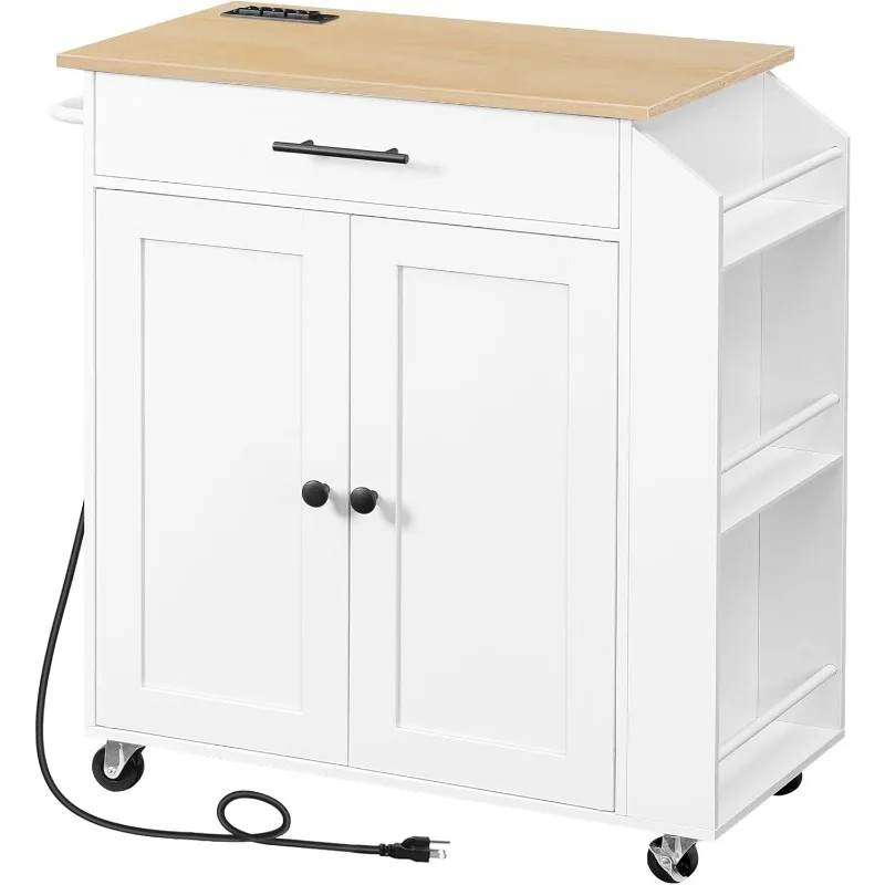 Kitchen Island with Power Outlet, Storage Spice Rack and Drawer, Rolling Cart on Wheels, for Home, Dining Room, White Natural