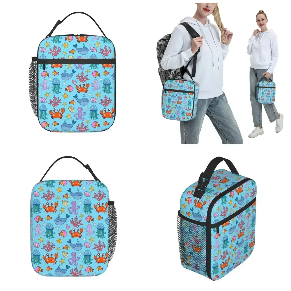 Sea Ocean Creatures Cartoon Thermal Insulated School Lunch Bags For Kid Marine Organism  Container  Cooler Food Box