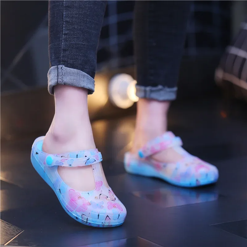 Butterfly Printing Summer Beach Hollow Shoes Women\'s Sandals Flat Jelly Shoes Wrap Toe Slippers Non-slip Women\'s Slippers