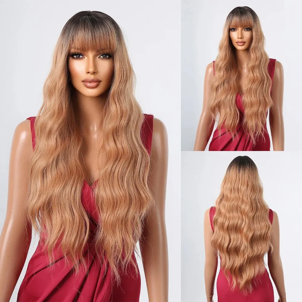 Synthetic Light Orange Brown Long Body Wave Wig with Bangs Dark Roots Natural Wigs for Black Women Heat Resistant Cosplay Hair