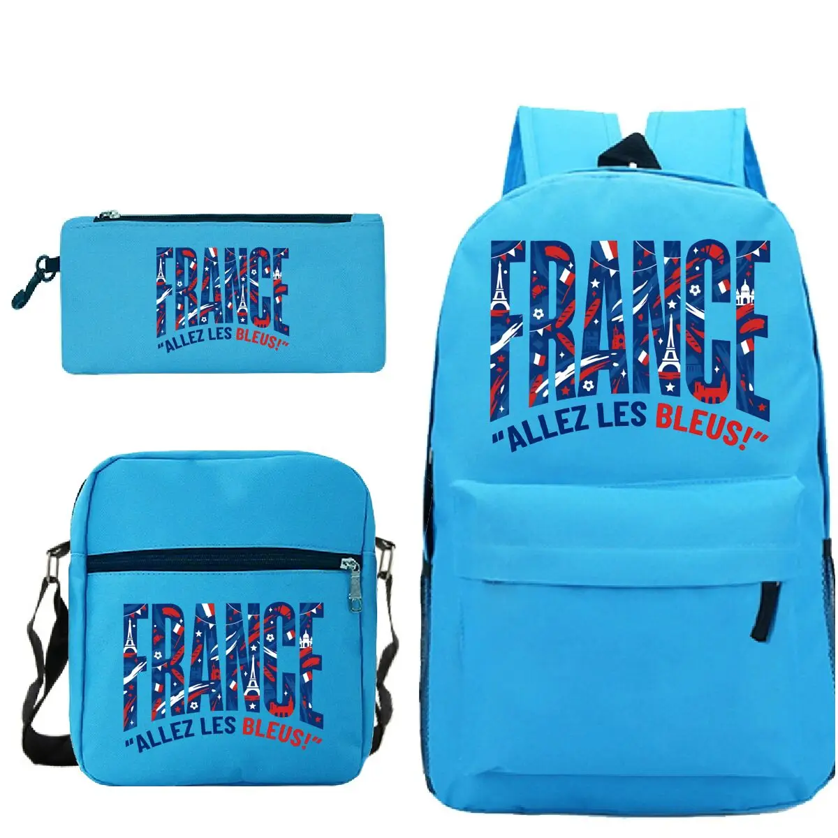 

France Allez Les Bleus Print Backpack 3pc Set Fashion Soccer Lover Gifts Student Boy Girl Shoulder Bag Pencil Case Bagpack Suit