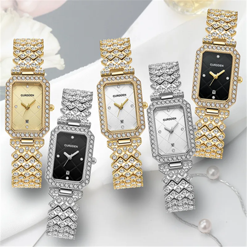 Original CURDDEN Brand Rectangular Watches For Ladiies Fashion Casual Alloy Band Diamond Luxury Quartz Watch Silver Montre Femme