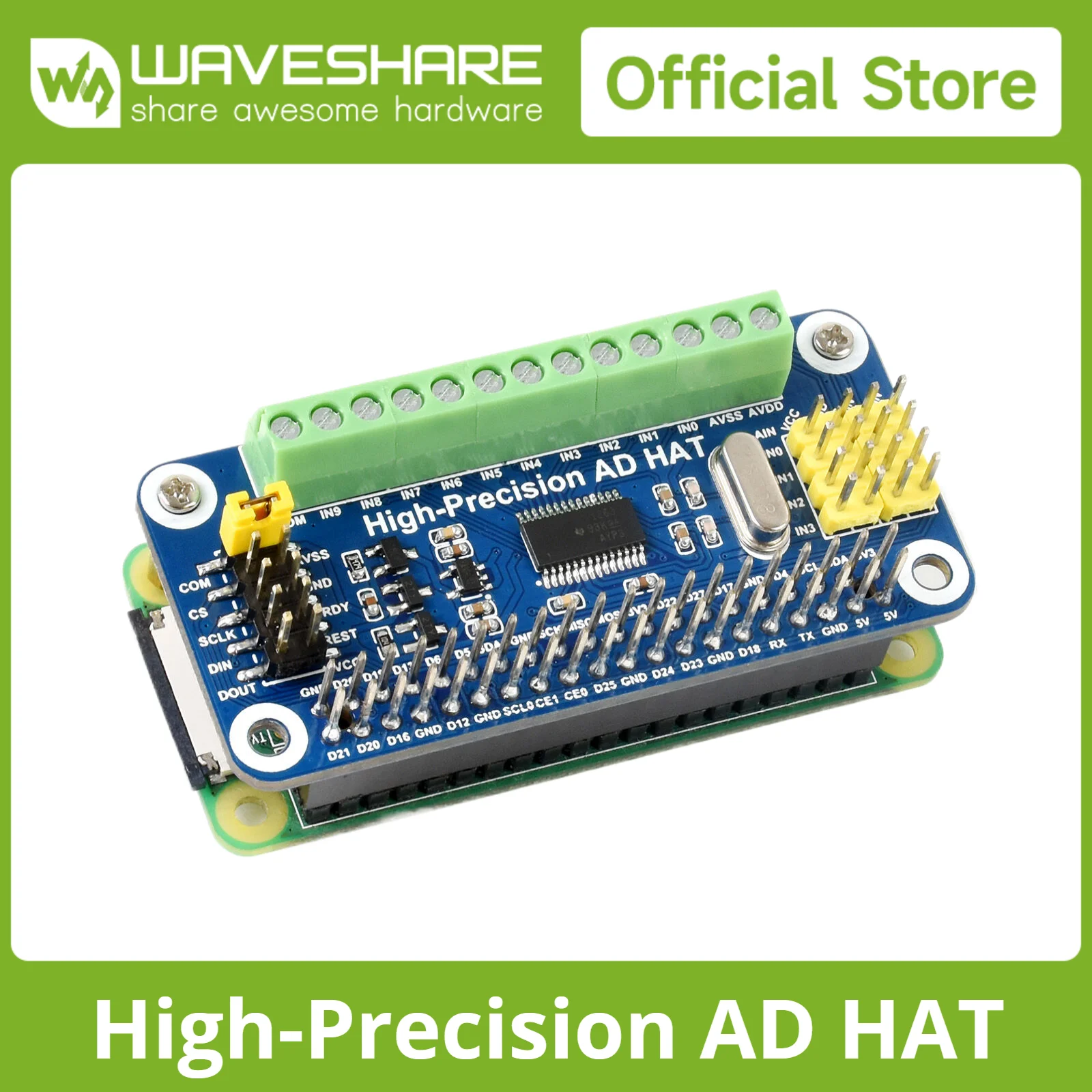 

Waveshare High-Precision AD HAT For Raspberry Pi and Jetson Nano/Audio, ADS1263 10-Ch 32-Bit ADC