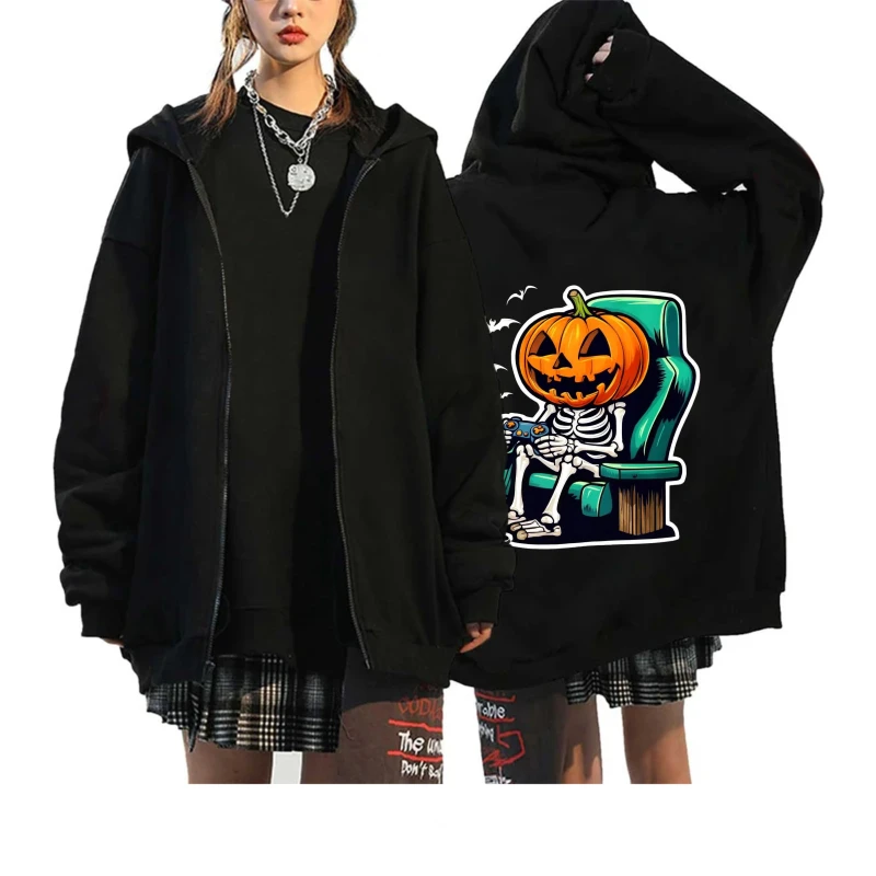 

Men's Hooded Jacket Black Halloween Pumpkin Skeleton Printed Casual Streetwear for Autumn Winter Party Costume