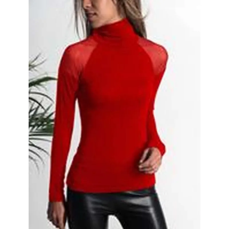 Women\'s Fashion High Neck Solid Long Sleeve Shirt New Autumn Translucent Mesh Temperament Commuting Woman Elegant Top