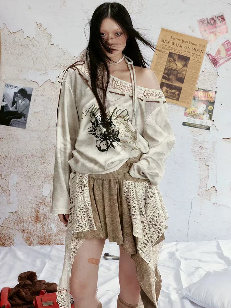 Sexy Slash Neck Print T Shirt Women Japanese Loose Streetwear Off Shoulder Patchwork Pullover Y2K Gothic All Match Baggy Tees