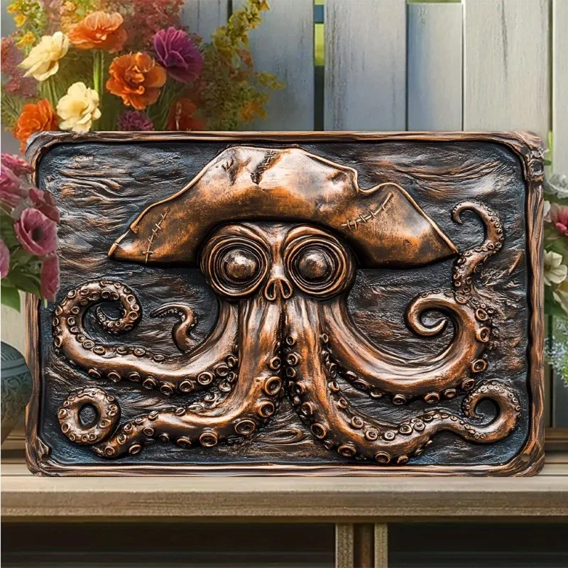 

Pirate Octopus Aluminum Decor - 3D Sculpted Sea Creature with Pirate Hat for Nautical Theme, 7.9x11.8"/11.8x17.7"