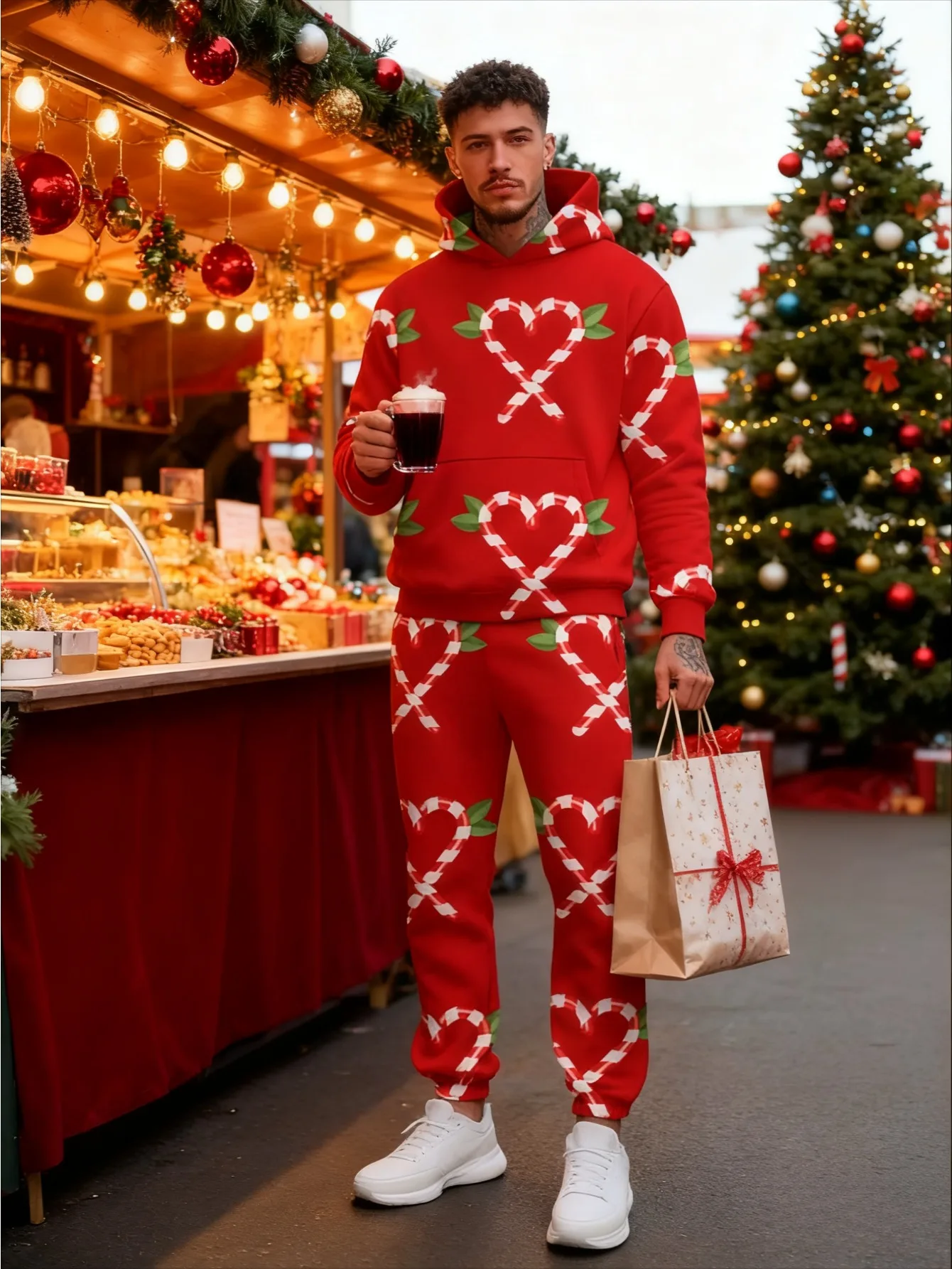 メンズデジタルプリントのおしゃれなカジュアルフード付きセット（2点セット）