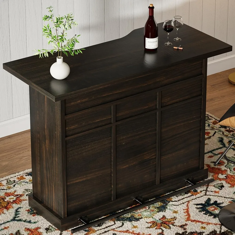 Farmhouse Bar Unit with 4-Tier Storage and 52 Inch Table with 3 Drawers and 9 Wine Racks, Barn Door and Footrest, Indoor Bar for