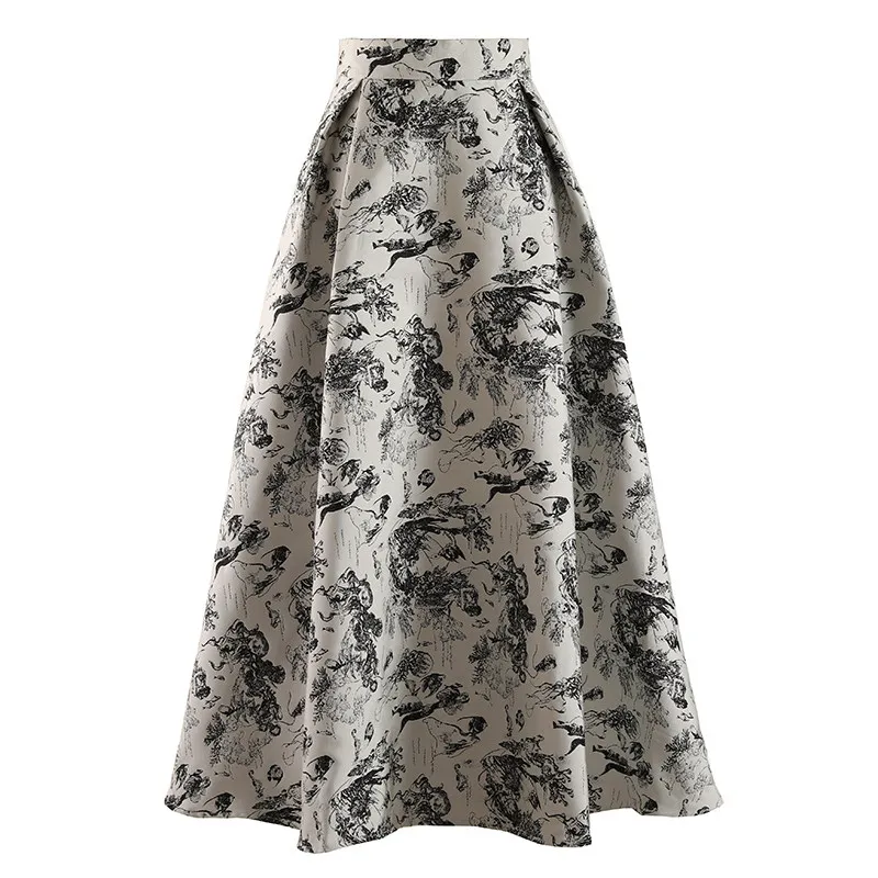 High Quality 2026 New Spring Autumn High Waist Jacquard Embroidery Mid-long A-line Skirt Women Elegant Exquisite Umbrella Skirt