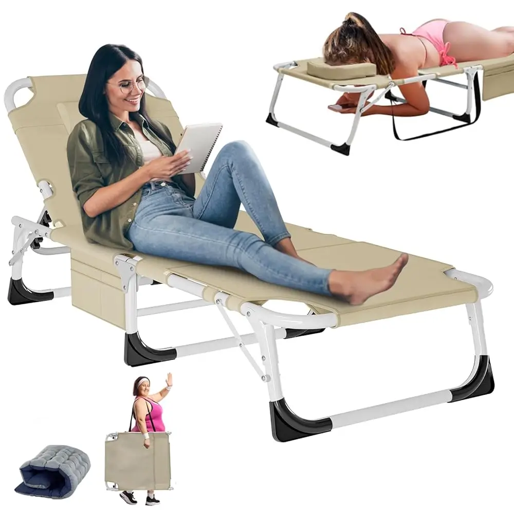 Chaise Lounge plegable con colchón, silla de playa de 5 posiciones con orificio para la cara, sillón para Patio para exterior,