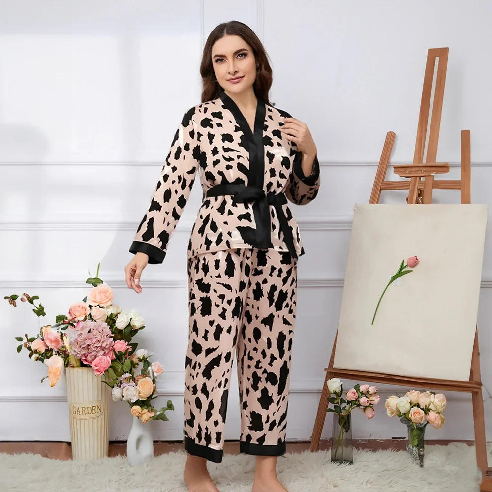 حجم كبير الإناث Pjs ملابس خاصة 2 قطعة سترة وسراويل دعوى النساء زهرة طباعة المتسكعون البيجامات فضفاضة حريري ملابس المنزل منامة