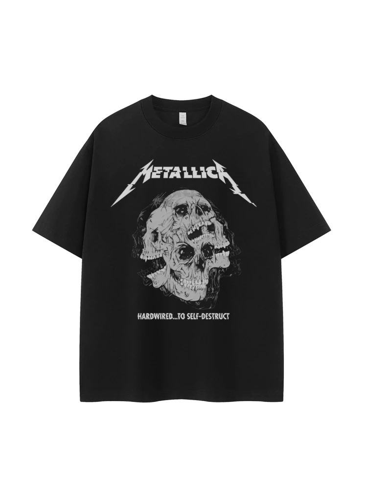 Retro American Street Hip Hop Dark Skeleton Metal Band Rock Short Sleeve T-Shirt Breathable Cotton Casual Fashion Urban Style