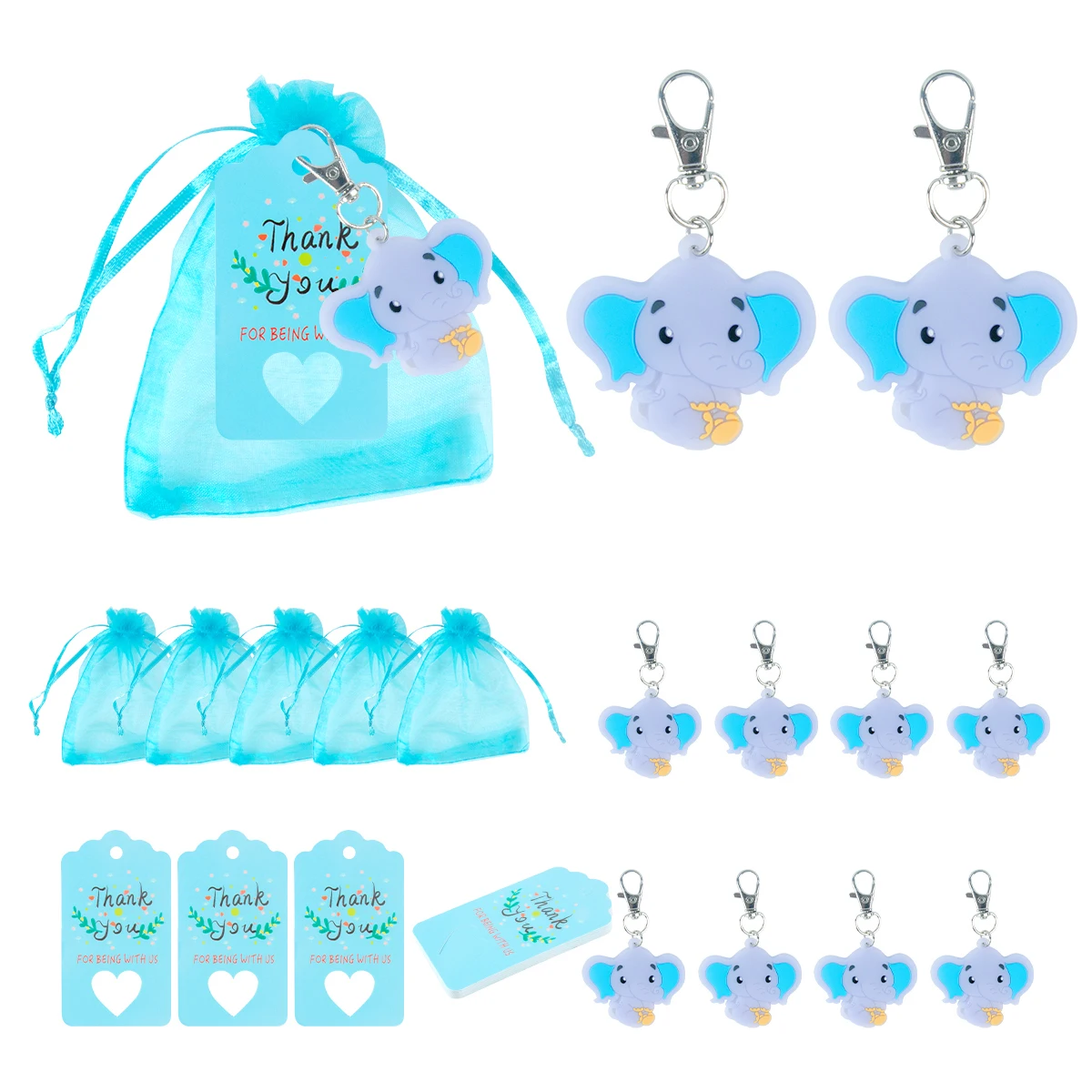 

20-60pcs Baby Shower Return Favors Pink Blue Organza Bag with Elephant Keychain Thank You Tags for Boys Girls Birthday Supplies