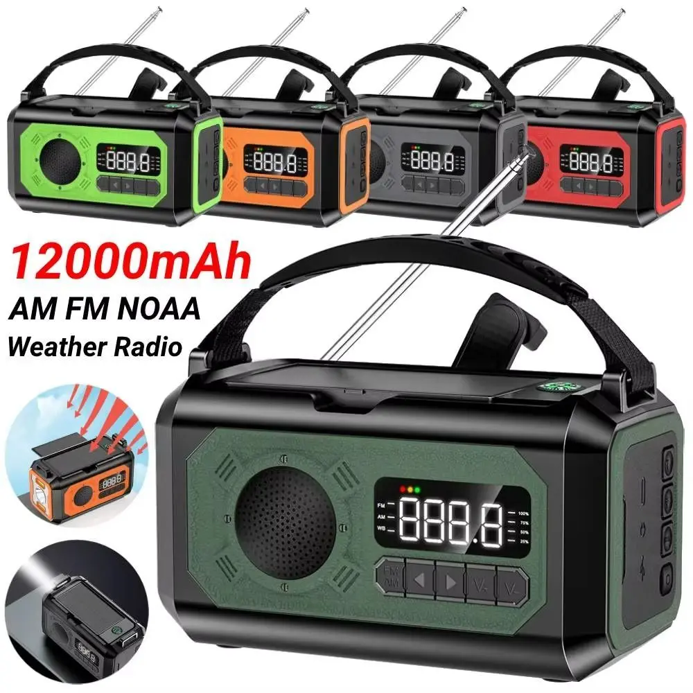 

12000mAh Emergency Radio Hand Crank Powered with LED Flashlight Solar Radio Multifunctional FM AM WB NOAA Weather Alert Radio
