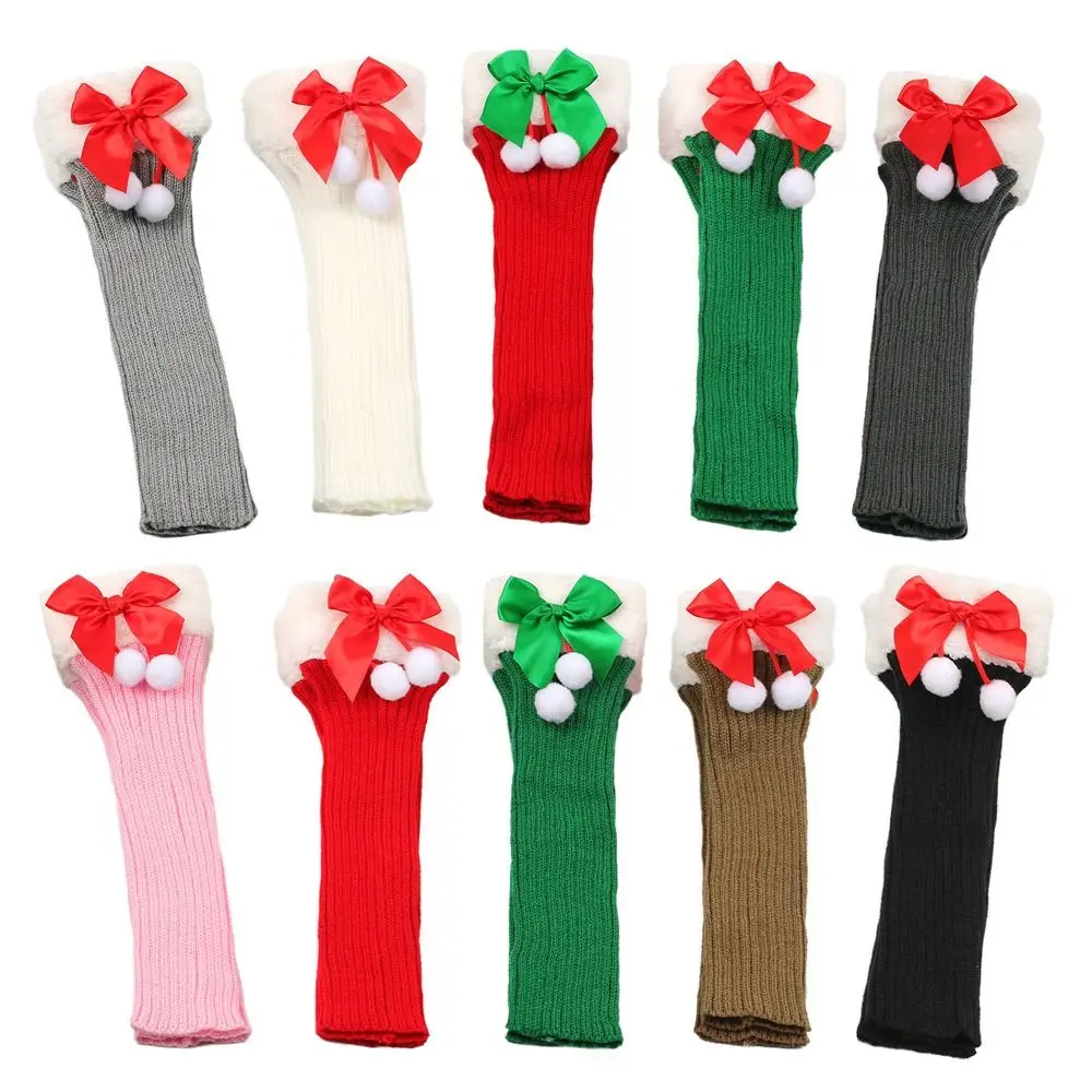 

Sweet Breathable Christmas Bow Stockings Leg Socks Warm Thick Cuffs Foot Cover Socks Plush Ball Elastic Boot Socks Women