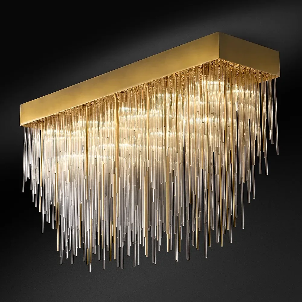 Postmodern LED Chandelier Lighting Gold Luxury Living Room Ceiling Light Indoor Villa Crystal Rectangular Large Lamp
