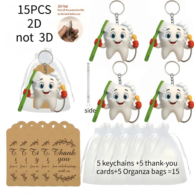 5sets Toothbrush Keychain Includes 2D Acrylic Pendant & Thank You Cards & Gift Mesh Bags Creative Hanging Decoration Party Gift