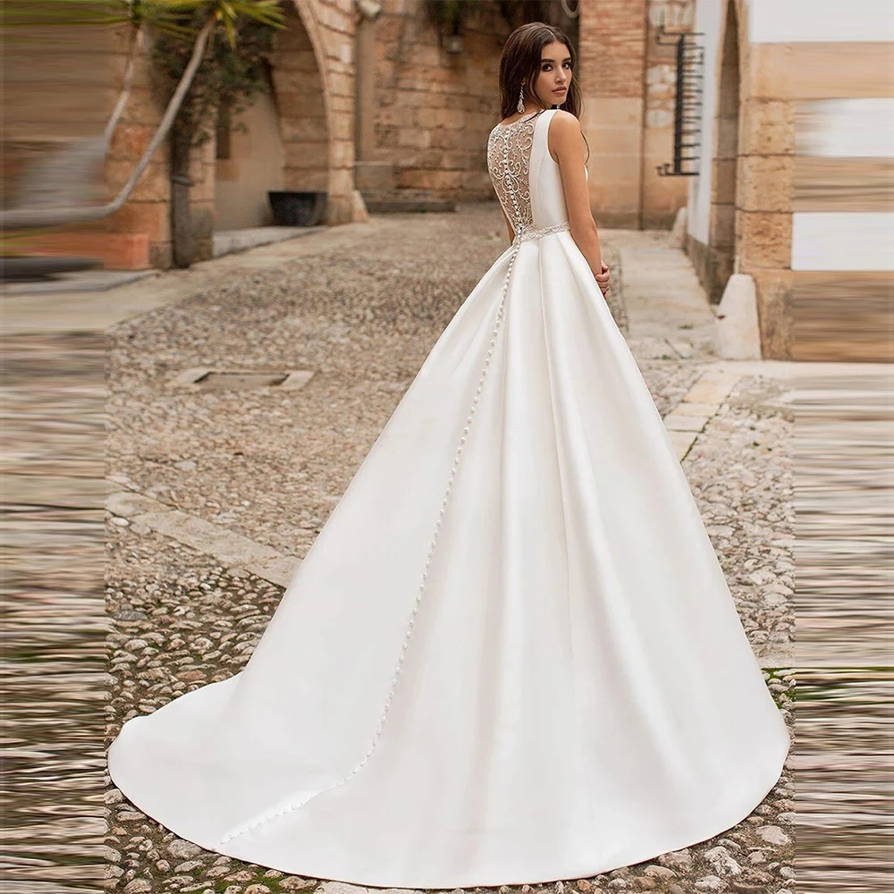 Cetim princesa vestidos de casamento scoop pescoço bolsos vestidos de noiva botões país branco robe plus size 2023 vestidos de novia пте е