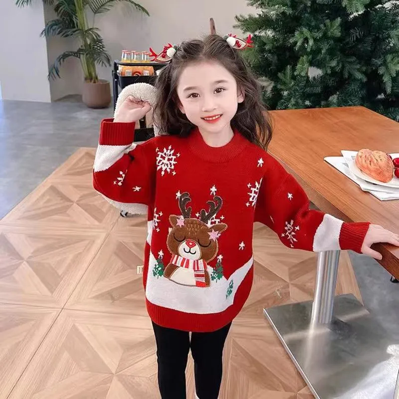 Kids Girls Christmas Deer Pullover Sweater 2024 Autumn/Winter New Snowflake Knitwear Baby Fashion Sweater Winter Clothing