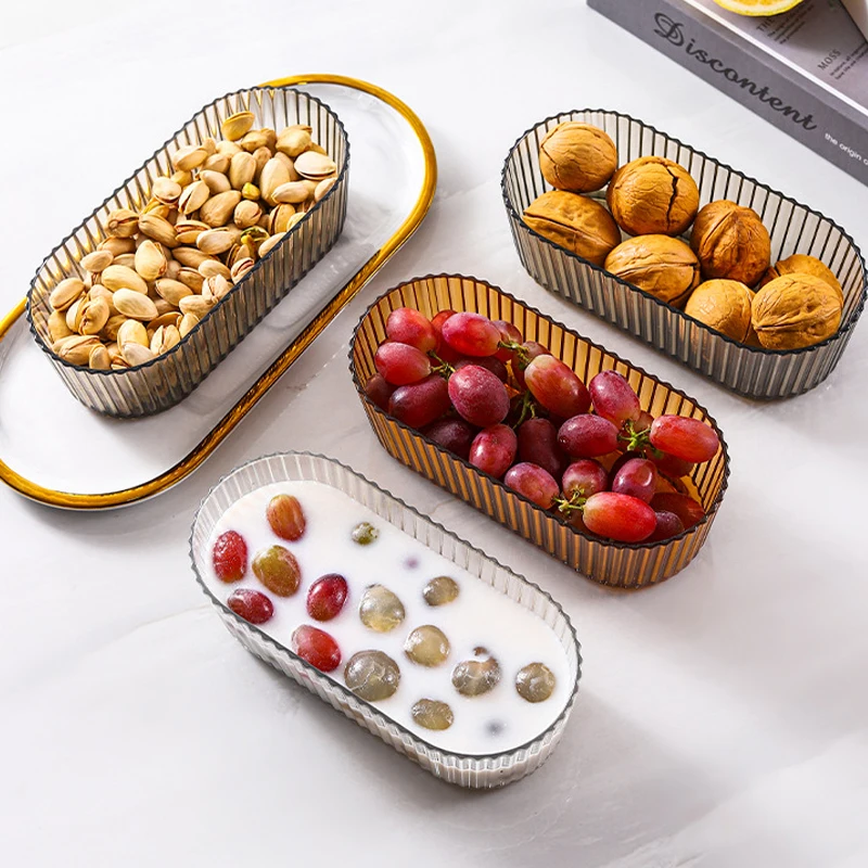 Plato de fruta en forma de U para mascotas a rayas transparentes INS Wind, bandeja para aperitivos para sala de estar, plato de fruta de almacenamiento multifuncional