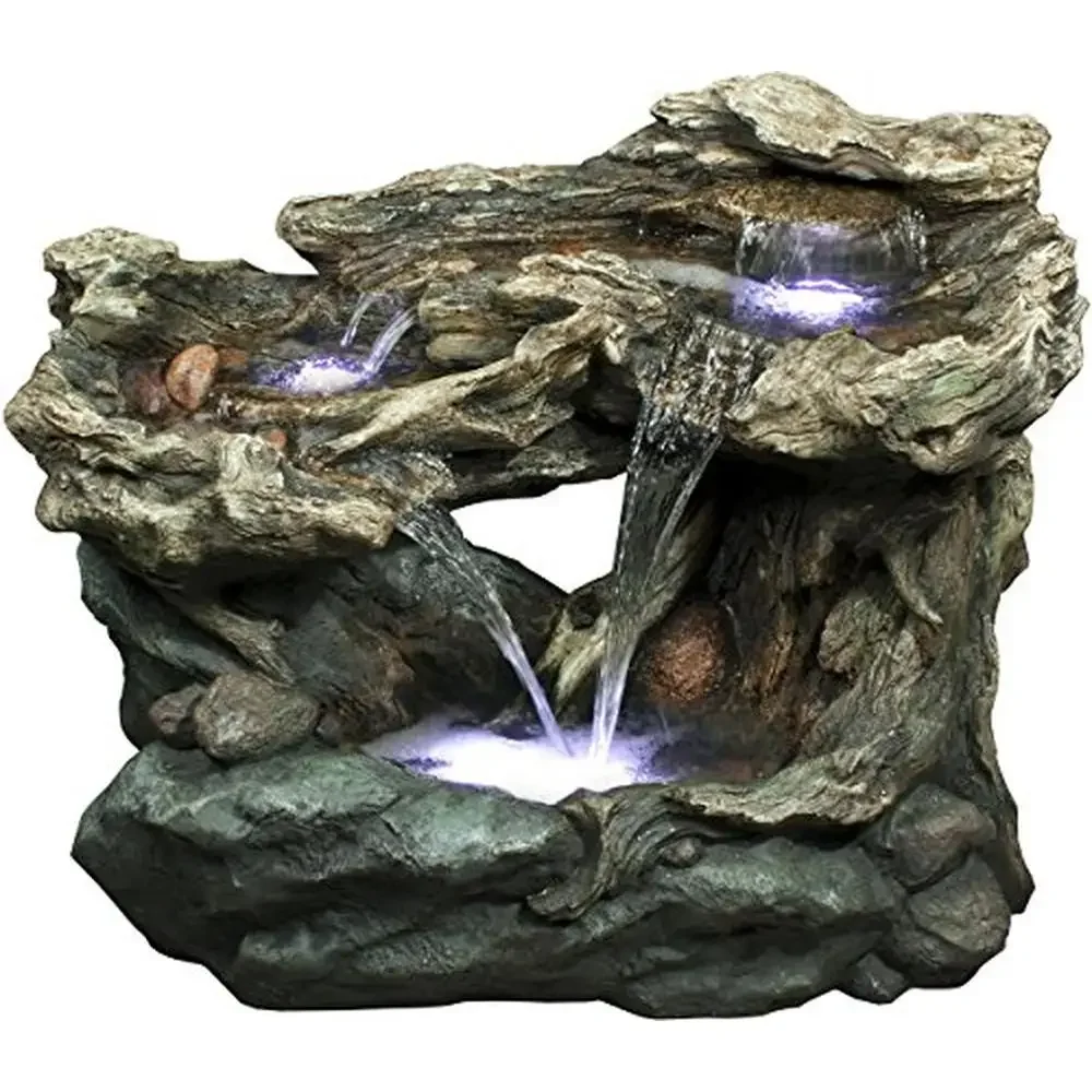 

3-Tiered Rock Waterfall Fountain w/ LED Lights Natural Stone Look Outdoor Garden Decor Gray 30" Tall Durable Resin Construction