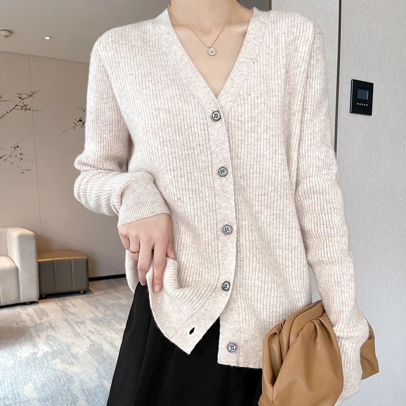 Hot Sale Autumn Winter New Female Wool Blend Sweater Woman V-neck Cardigan Fashion Casual Knitted Tops Solid Color Sweater