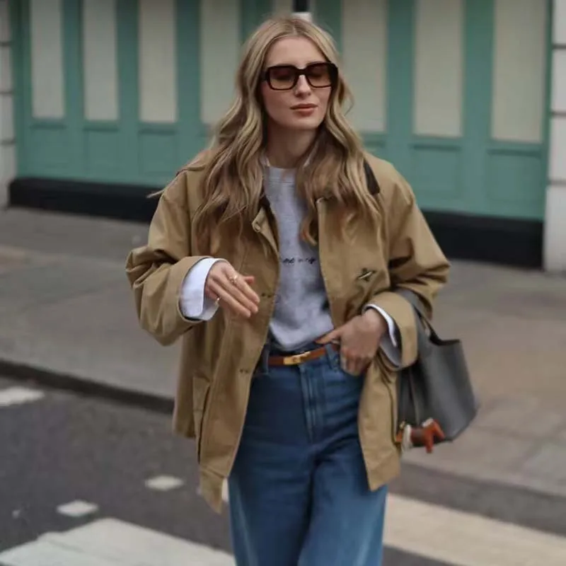 

YENKYE New Women Fashion Pocket Loose Jacket Contrast Lapel Collar Autumn Winter Coat Streetwear Vintage Outerwear