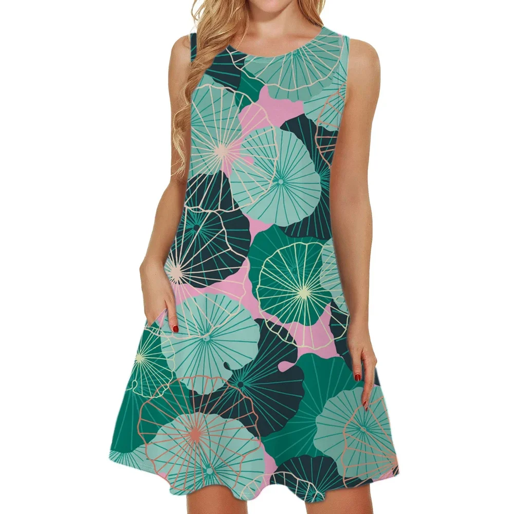 

Summer Lotus Leaf Printed Sleeveless T-shirt Dresses Loose Casual O-neck Swing Skirts Beach Party Tank Sundresses For Ladies